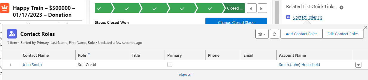 Salesforce NPSP Opportunity record showing the Add Contact Role button used to manually assign a soft credit