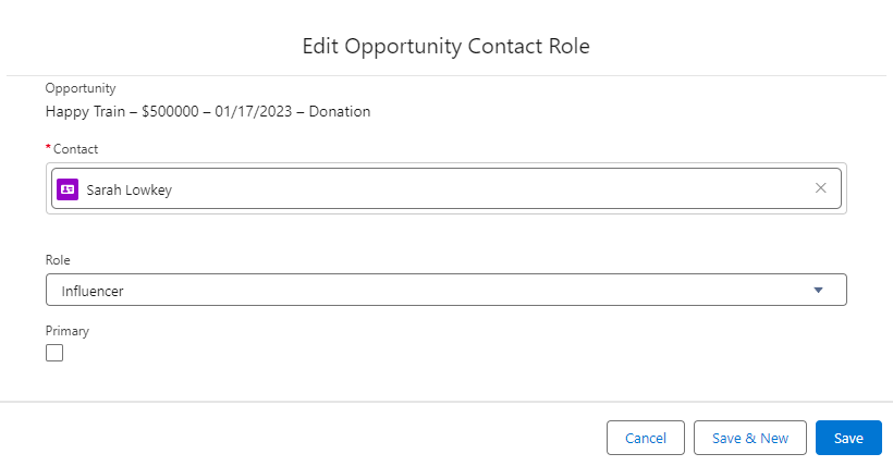 Contact Role selection in Salesforce NPSP with a role such as Influencer or Solicitor chosen for a soft credit