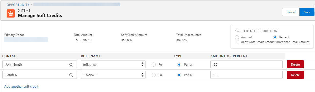Partial Soft Credits related list on an NPSP Opportunity showing contributors with specific amounts or percentages