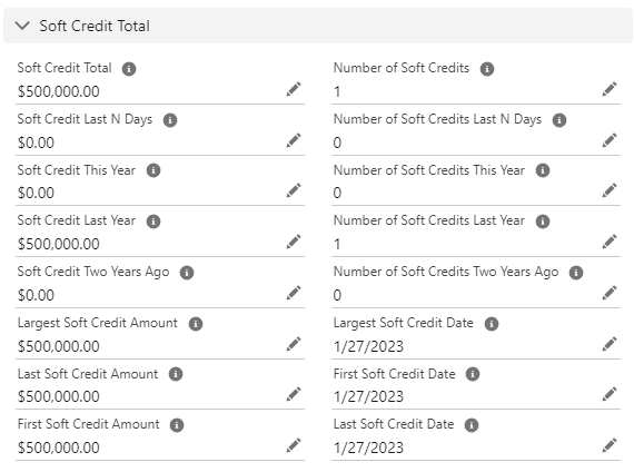 Contact record in Salesforce NPSP showing the Soft Credit Allocation section with a donor's influence history
