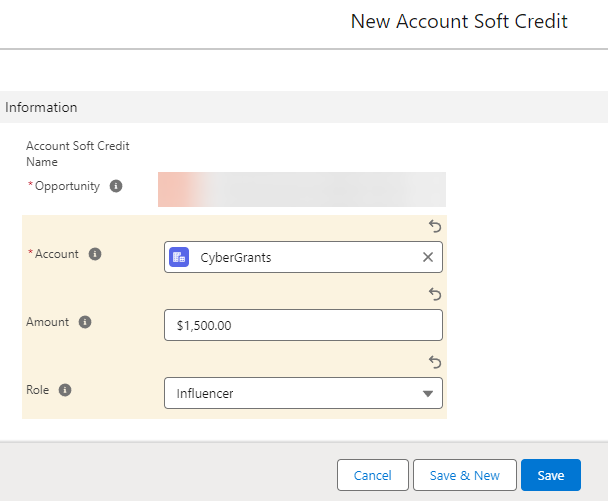 Account Soft Credit on an NPSP Opportunity recognizing a matching gift company or partner organization