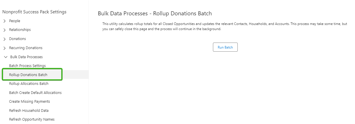 NPSP Settings page in Salesforce showing the Rollup Donations Batch used to refresh soft credit totals