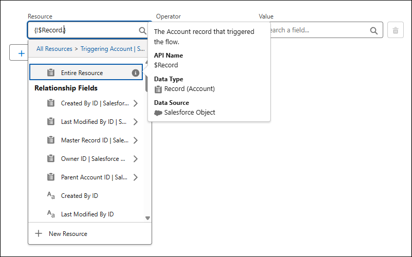 Entire Resource menu in the Salesforce Flow Builder resource panel for browsing resources