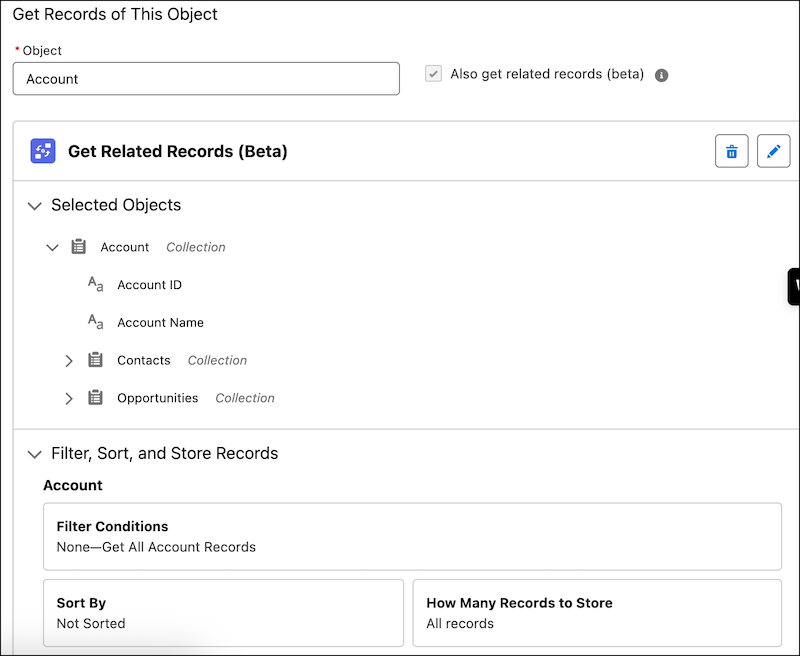 Salesforce Flow Builder showing the beta Get Related Records element in the Summer '25 release