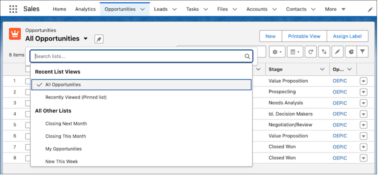 Enhanced list view dropdown menu in Salesforce with improved accessibility in Summer '25