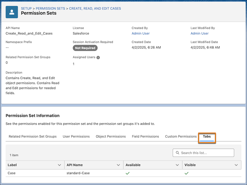 Tabs section in a Salesforce permission set access summary in the Summer '25 release