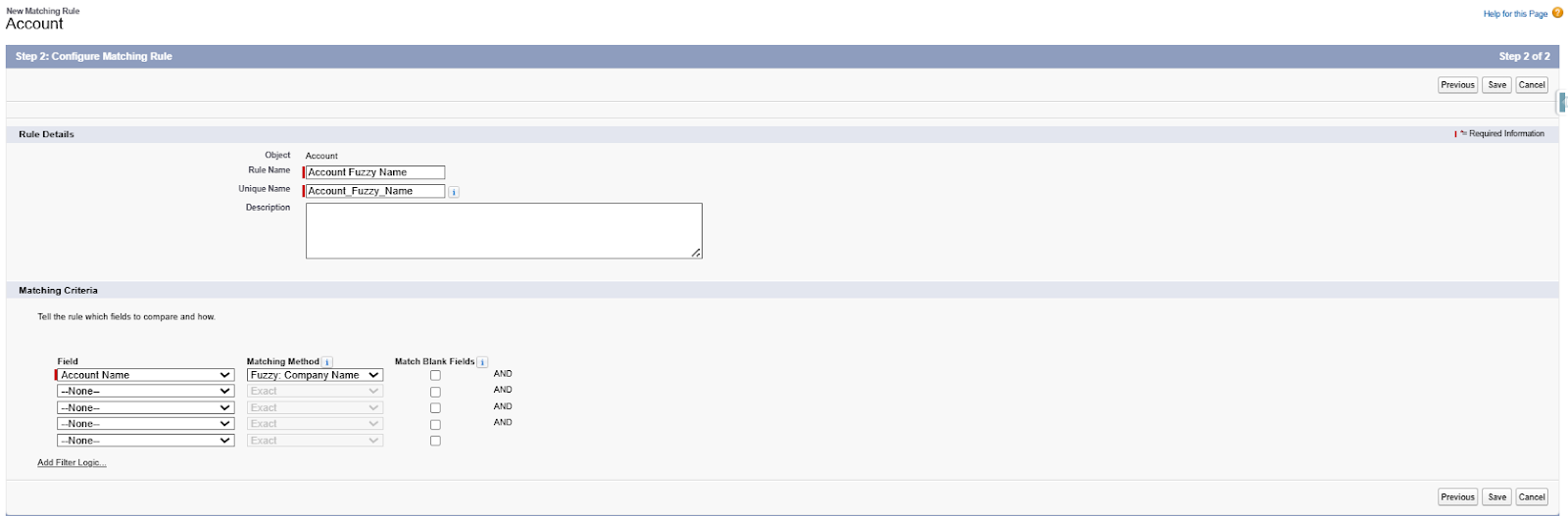 Salesforce Matching Rule setup defining which fields to compare when detecting duplicate records