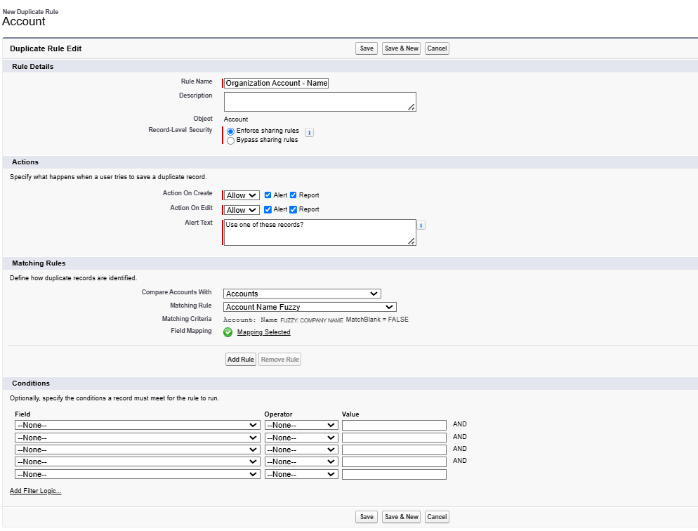 Salesforce Duplicate Rule setup defining what happens when a user saves a possible duplicate