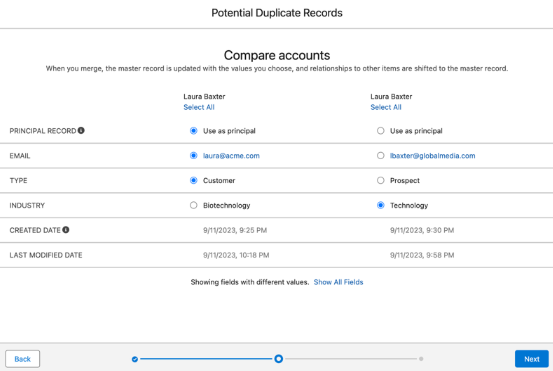 Reviewing field values before merging duplicate contacts in Salesforce NPSP