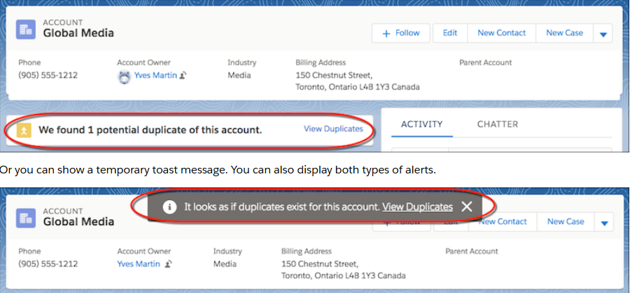 Salesforce record page showing a duplicate alert component surfacing potential matches to users
