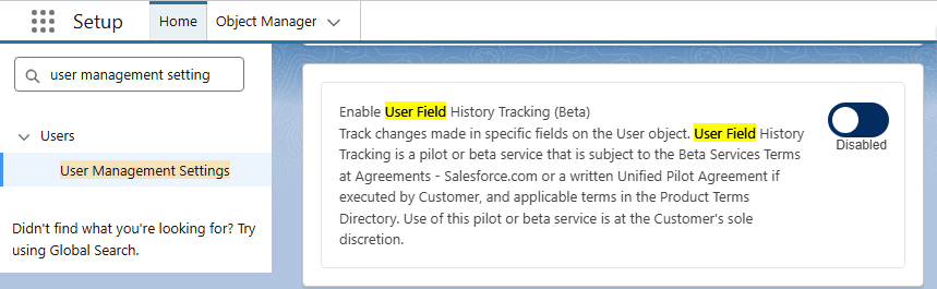 Salesforce User Management Settings enabling the beta Audit Trail for user field changes