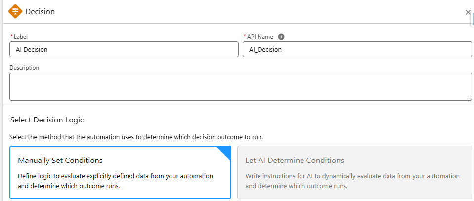 Salesforce Flow Builder Decision element using AI-assisted decision criteria suggestions