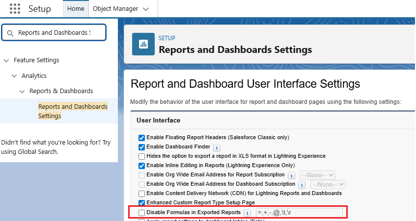 Salesforce Reports and Dashboards Settings enabling safe CSV exports without auto-formulas