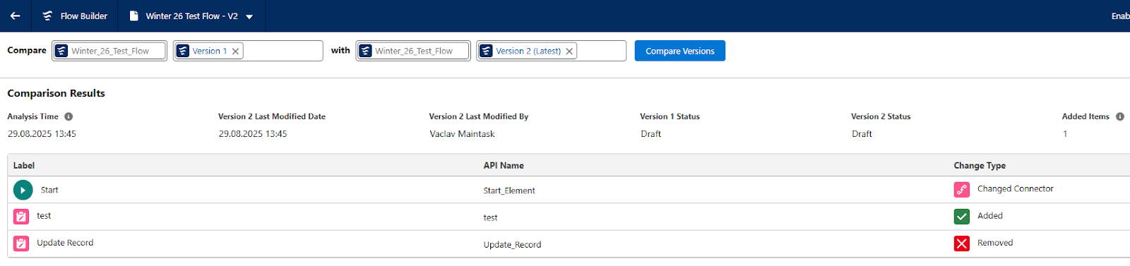 Comparing two Flow versions side by side to review changes in Salesforce Flow Builder