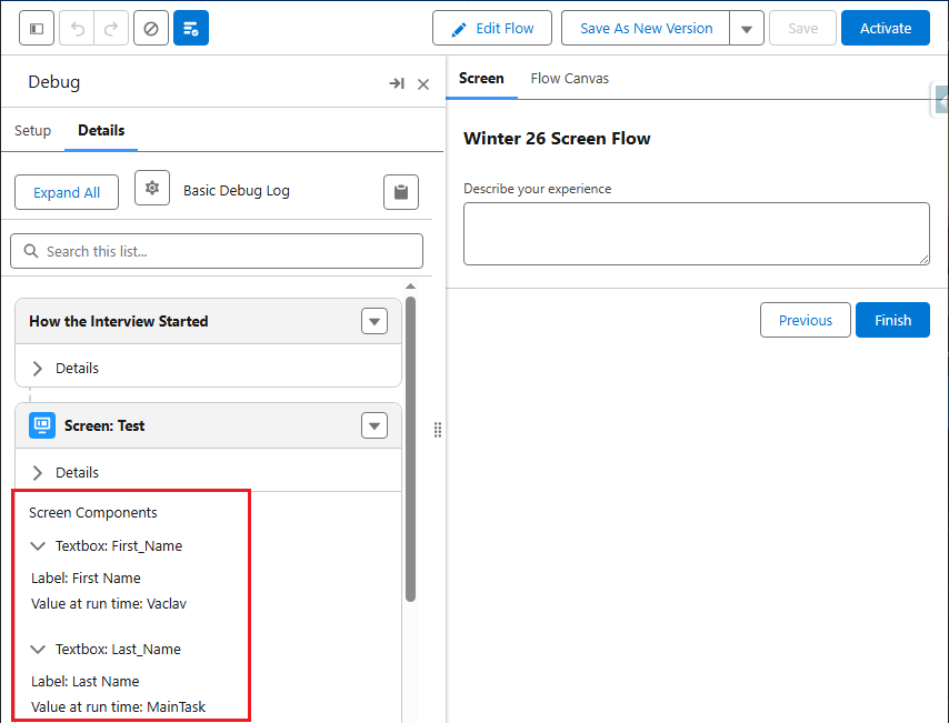 Debugging a Screen Flow in Salesforce by running through its screens in true debug mode