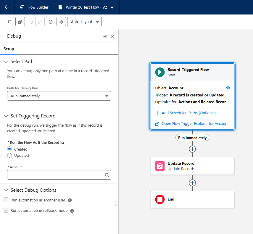 Left-docked debug panel in Salesforce Flow Builder shown while an element stays selected