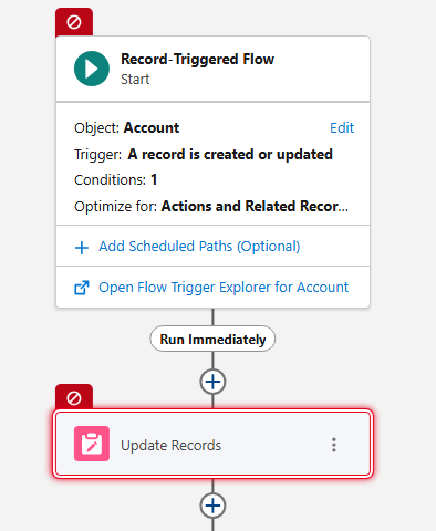 On-canvas warning in Salesforce Flow Builder flagging a Decision element left incomplete