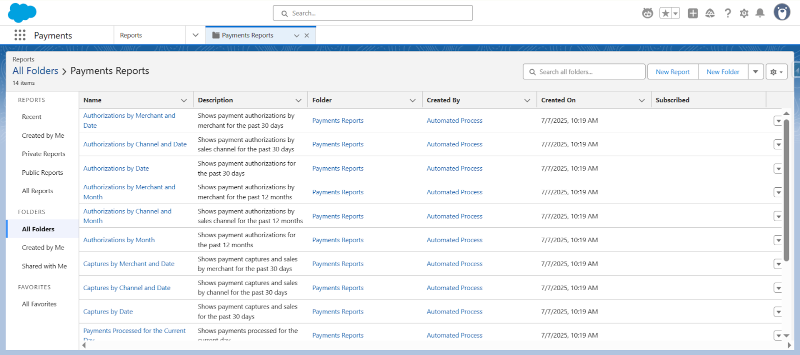 Salesforce Payments Home showing out-of-the-box Payments Reports for order-to-cash reconciliation