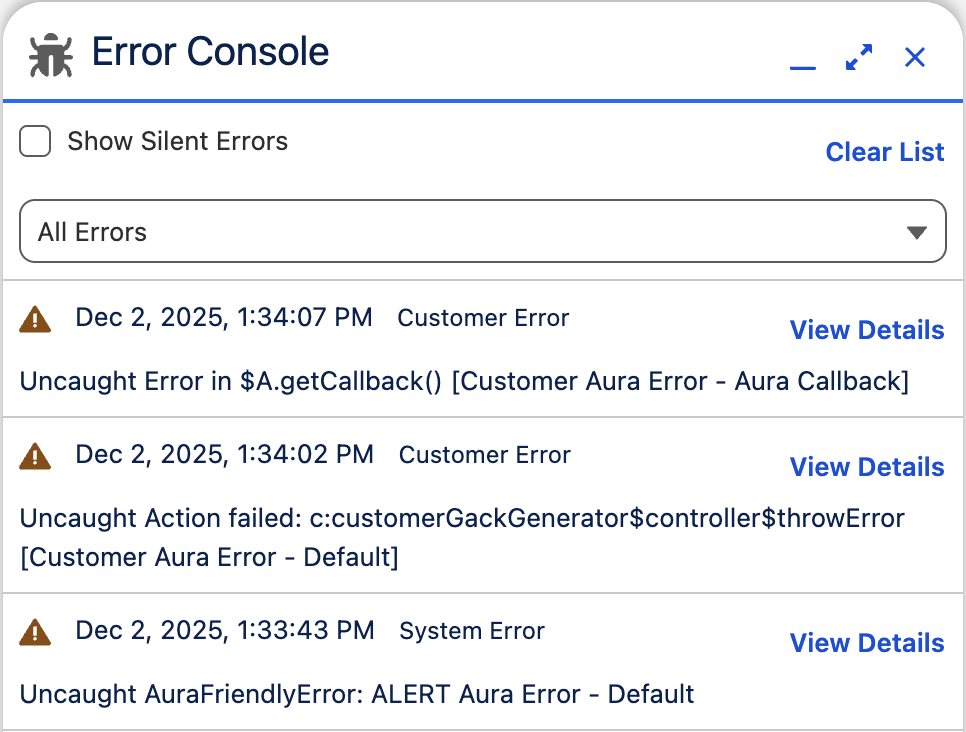 Salesforce Setup User Interface page enabling the Lightning Error Console in the Spring '26 release