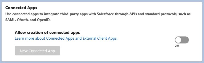 Connected Apps screen in Salesforce Winter '26 showing the self-authorization checkbox