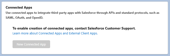 Connected Apps screen in Salesforce Spring '26 showing the new support-required message