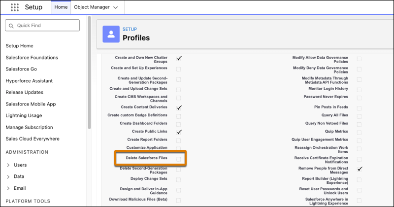 Salesforce Permission Sets configuration for the new Files Governance controls in Spring '26